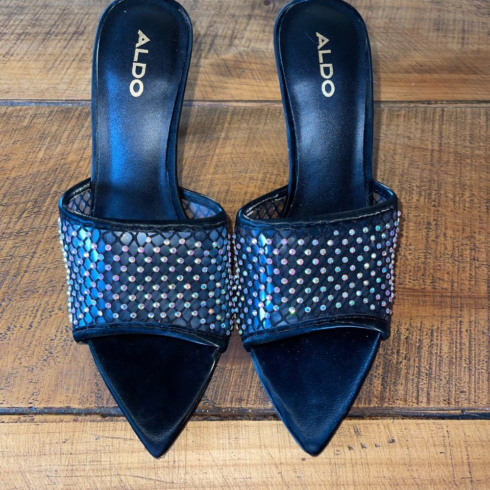 NWOB Women's Aldo Fluri Embellished Rhinestone Black Heels‎ Size 6.5
